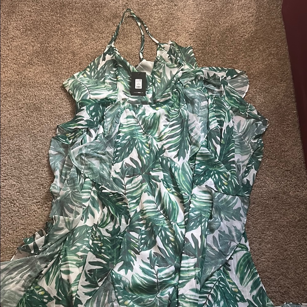 Fashion Nova Green and White Ruffled Long Dress
